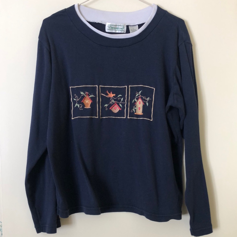 Shenanigans navy long sleeve tee shirt with embroidered birdhouses on front